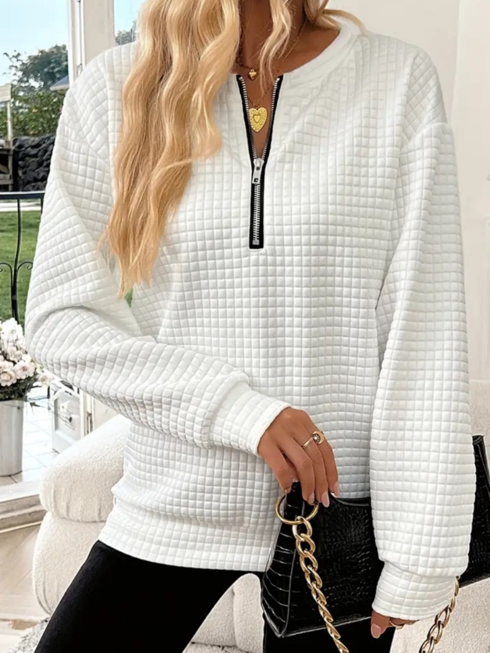 BUNDLE 2 SHEIN White and Cream Waffle Textured Quarter-Zip Sweaters Size Large